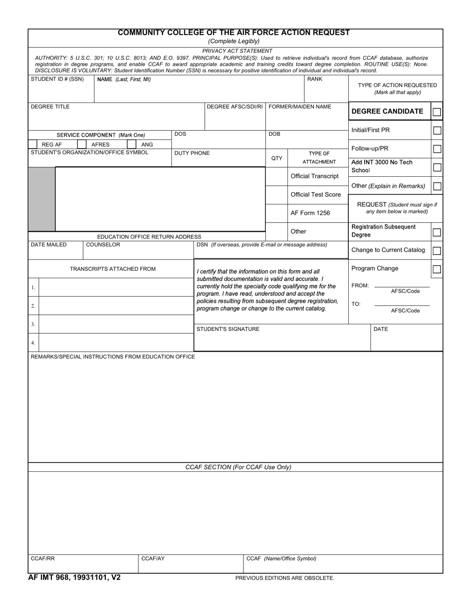 AF IMT Form 968 Community College of the Air Force Action Request, Page 1