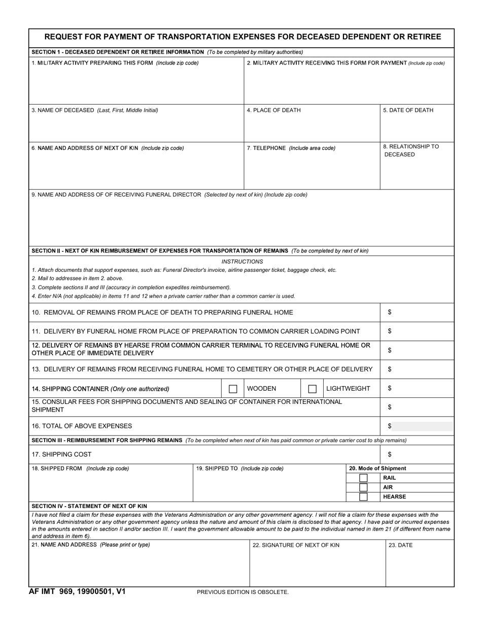 AF IMT Form 969 Request for Payment of Transportation Expenses for Deceased Dependent or Retiree, Page 1