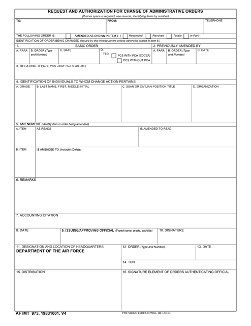 AF IMT Form 973 Request and Authorization for Change of Administrative Orders