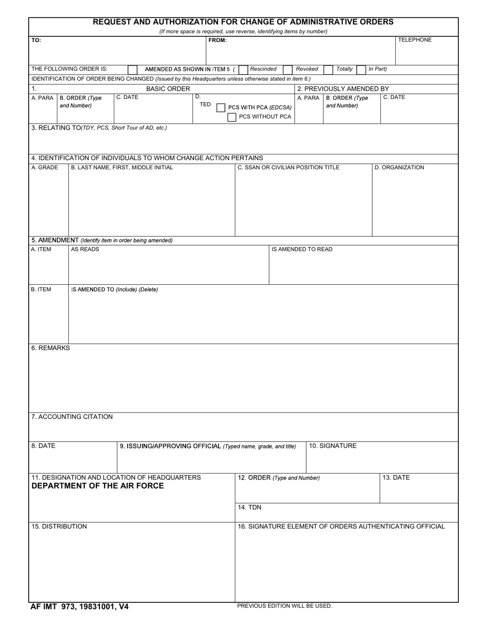 AF IMT Form 973 Request and Authorization for Change of Administrative Orders, Page 1