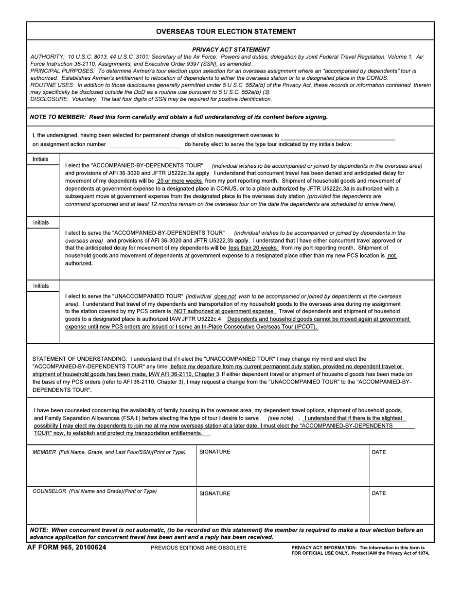 AF Form 965 Overseas Tour Election Statement, Page 1