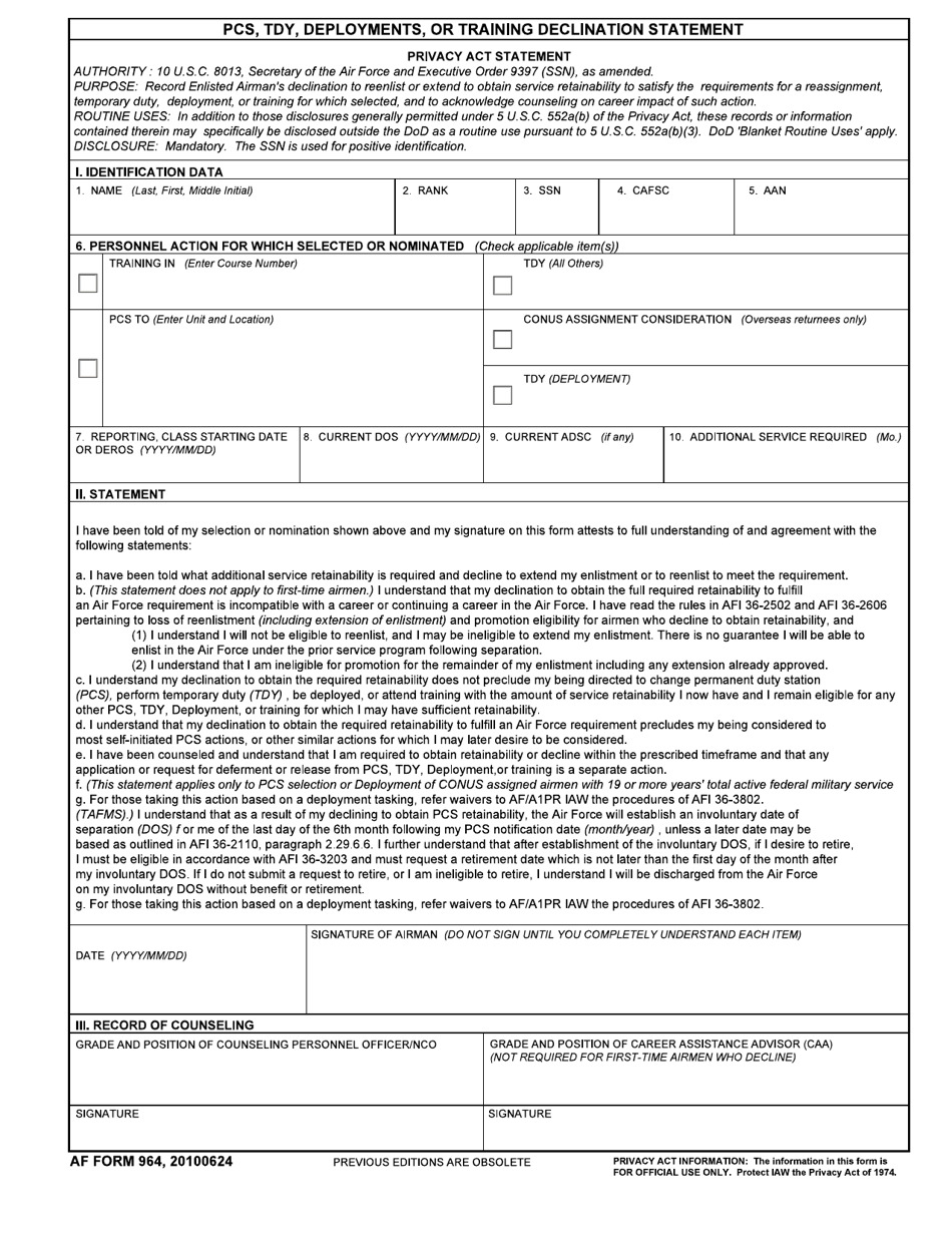 AF Form 964 PCS, TDY, Deployment, or Training Declination Statement, Page 1