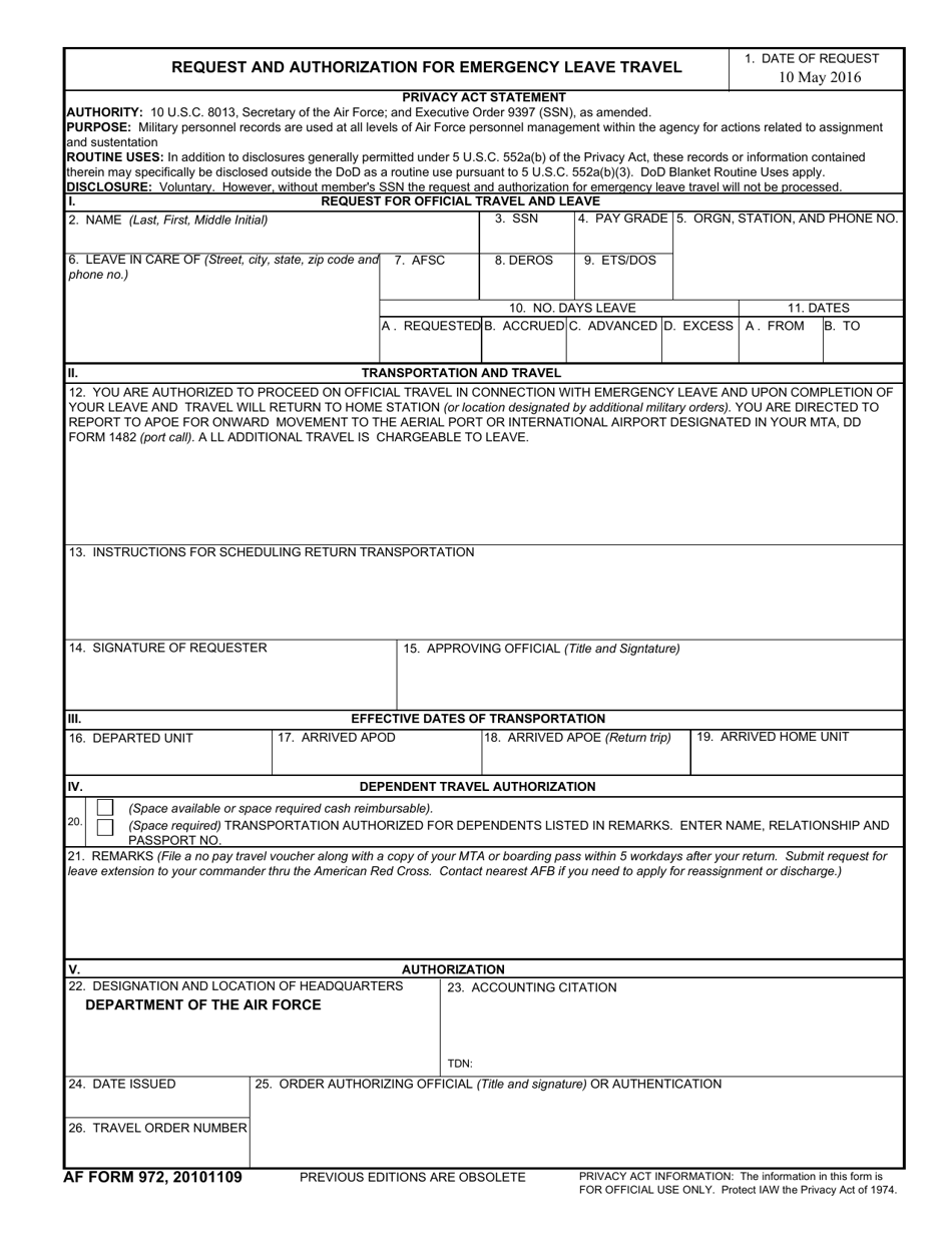 Af Form 972 Download Fillable Pdf Or Fill Online Request And Authorization For Emergency Leave Travel Templateroller