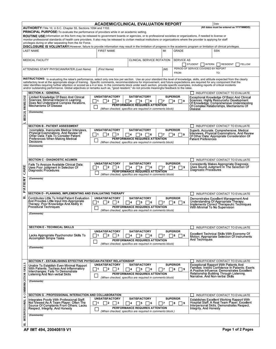 AF IMT Form 494 Academic / Clinical Evaluation Report, Page 1
