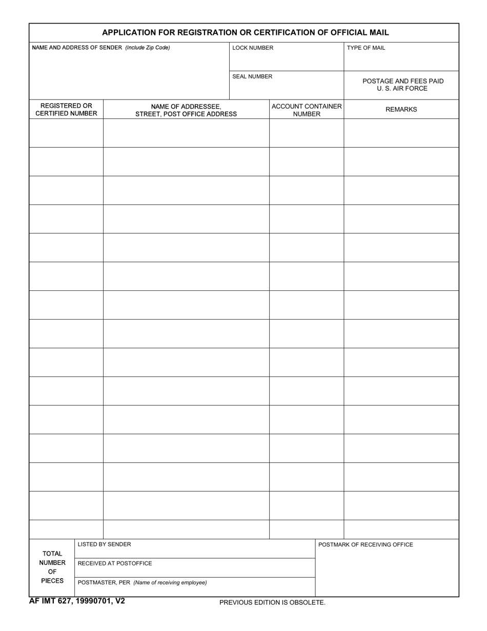 AF IMT Form 627 - Fill Out, Sign Online and Download Fillable PDF ...