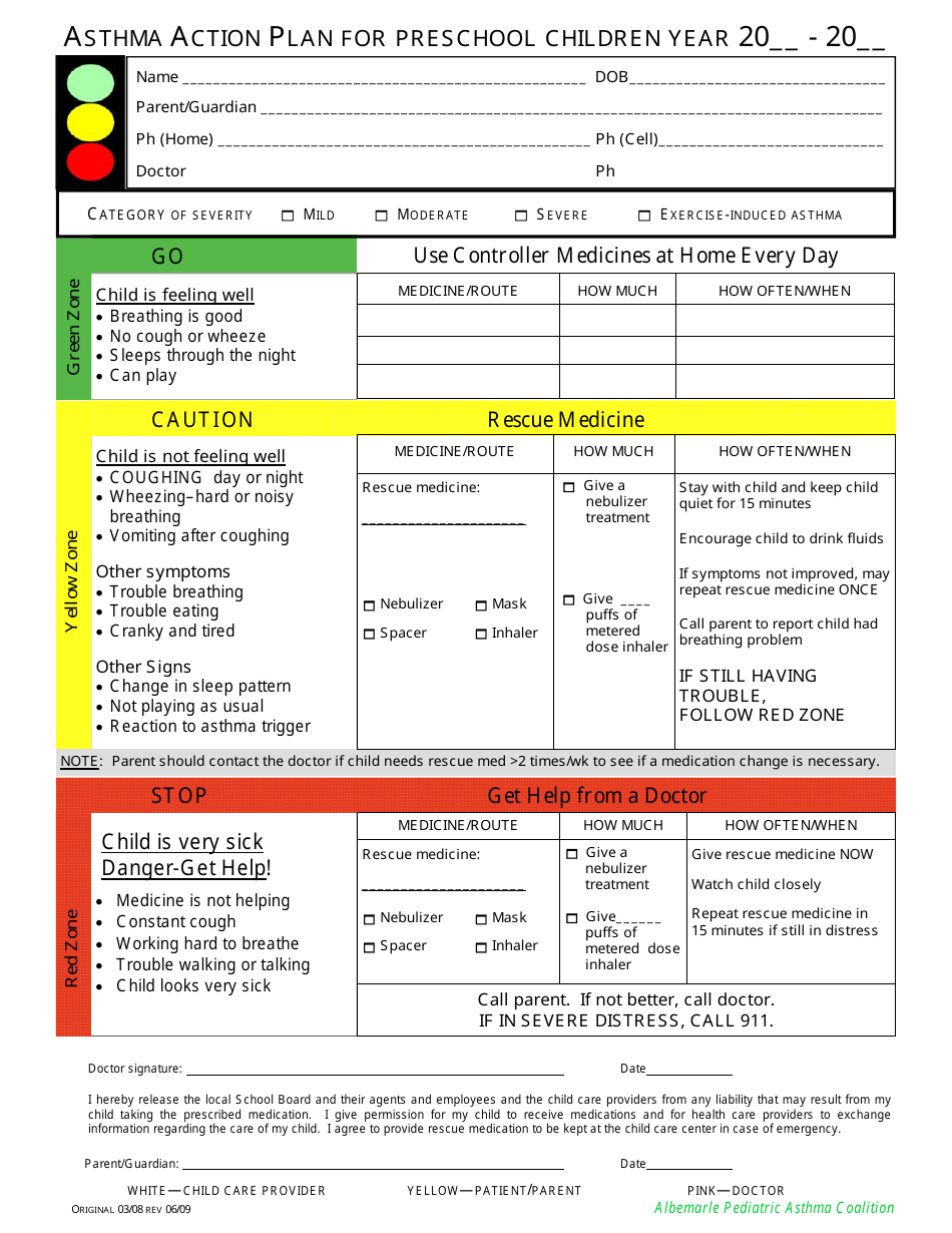 Asthma Action Plan Template for Preschool Children Download Printable