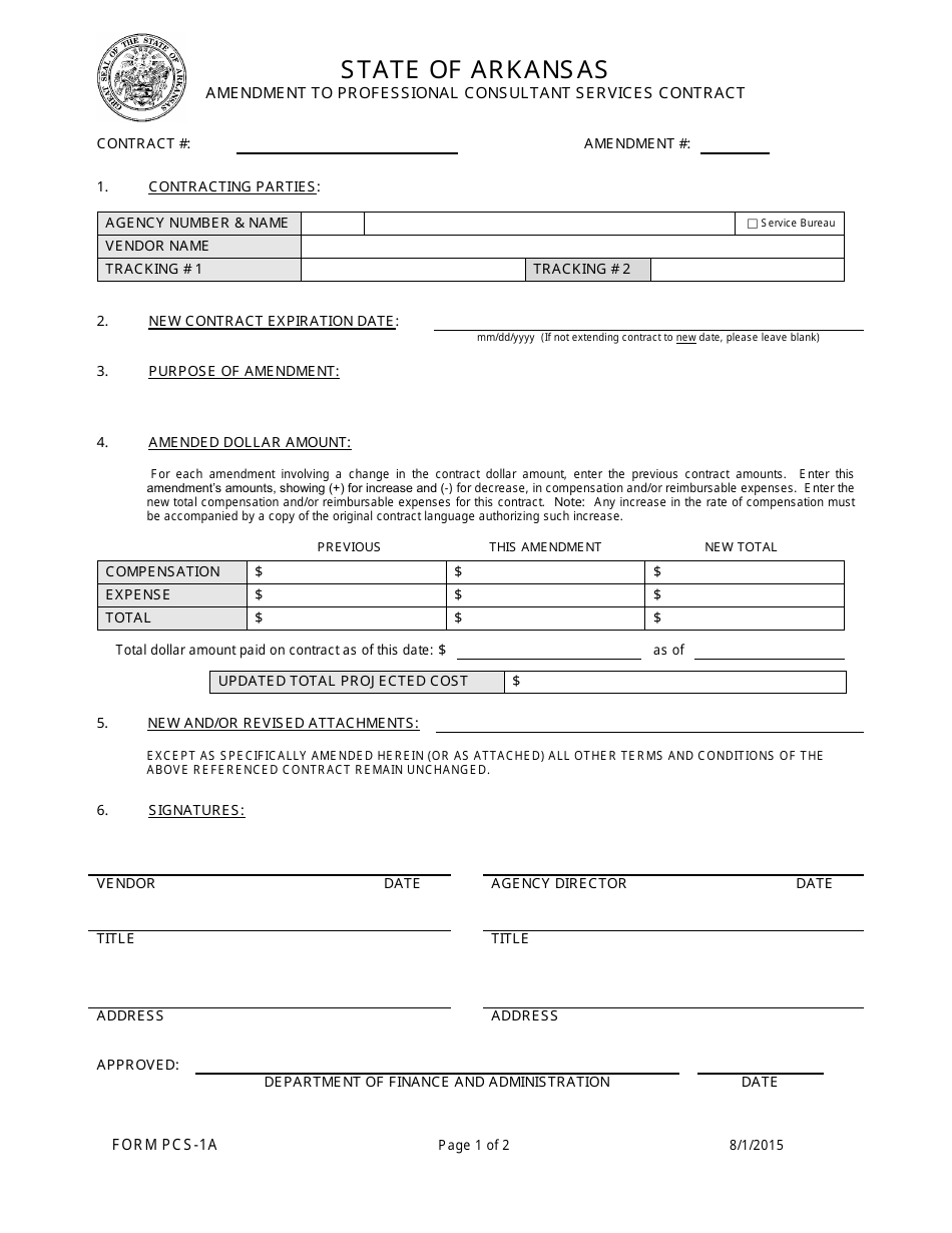 Form PCS-1A Amendment to Professional Consultant Services Contract - Arkansas, Page 1