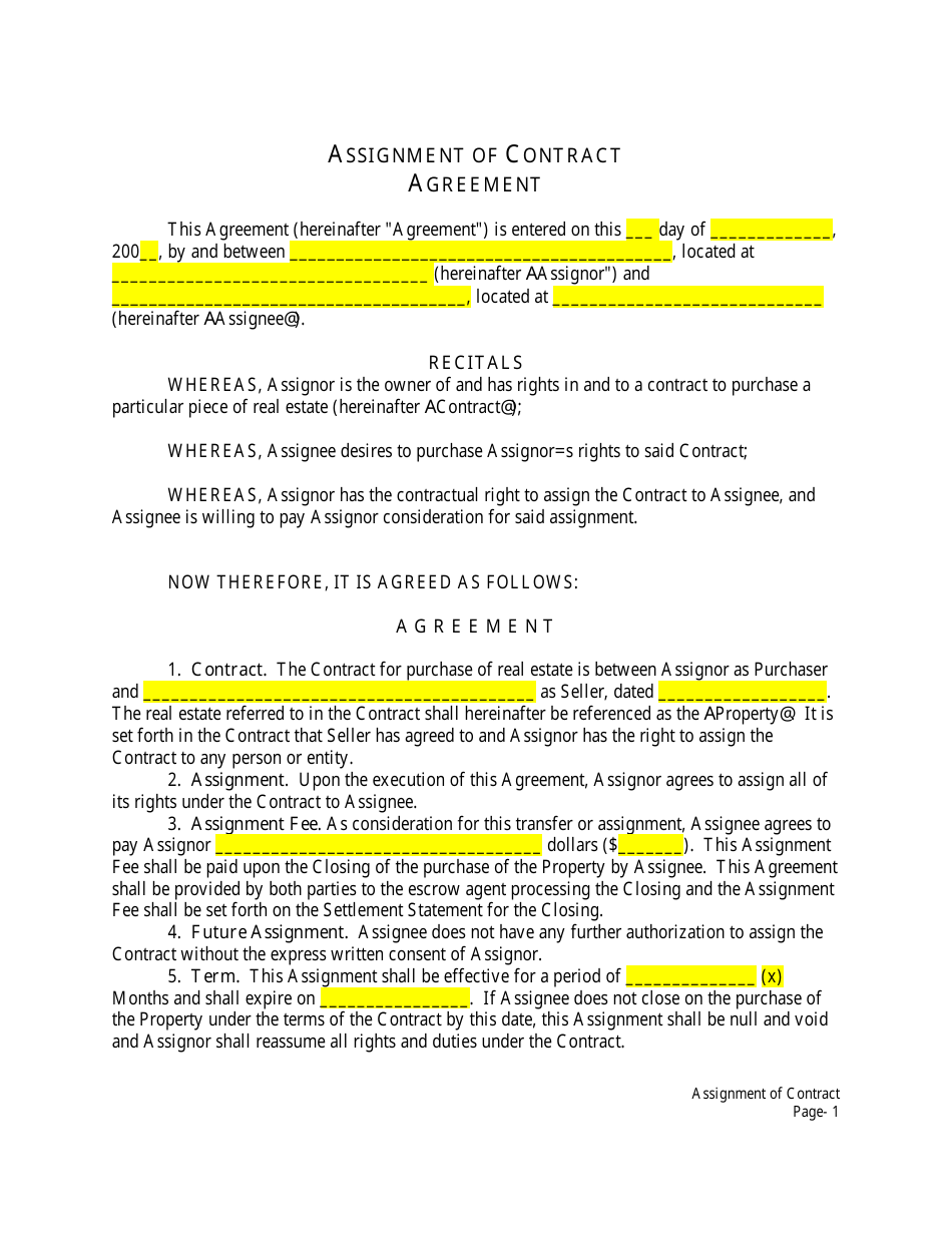 Assignment of Contract Agreement Template, Page 1