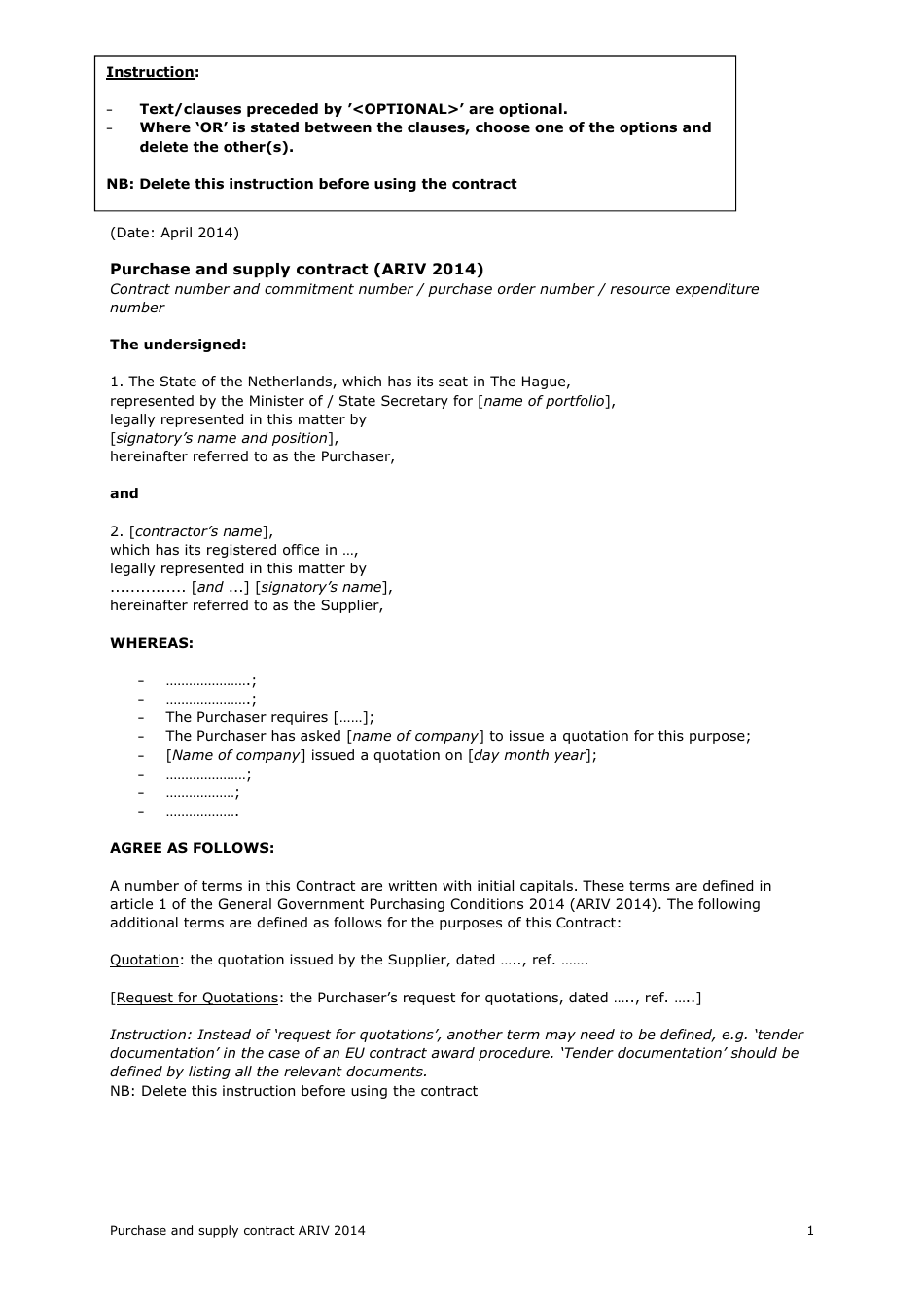 Purchase and Supply Contract Template - Netherlands, Page 1