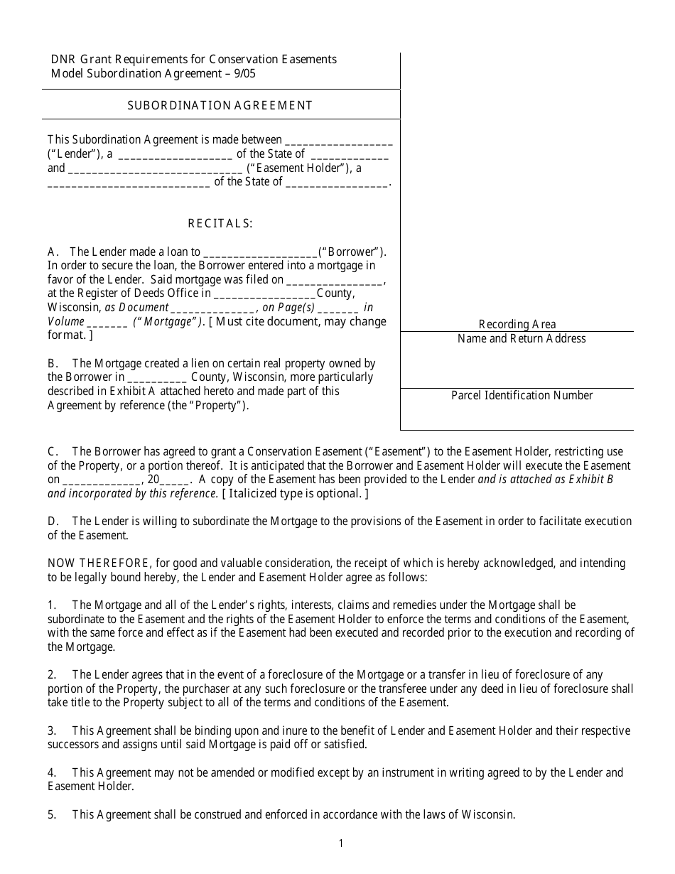 Subordination Agreement Form - Wisconsin, Page 1