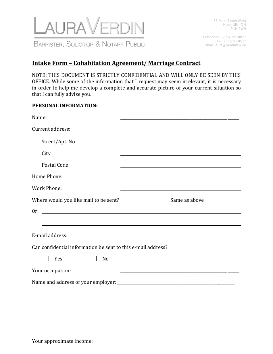 Intake Form - Cohabitation Agreement / Marriage Contract - Lauraverdin Notary Public, Page 1