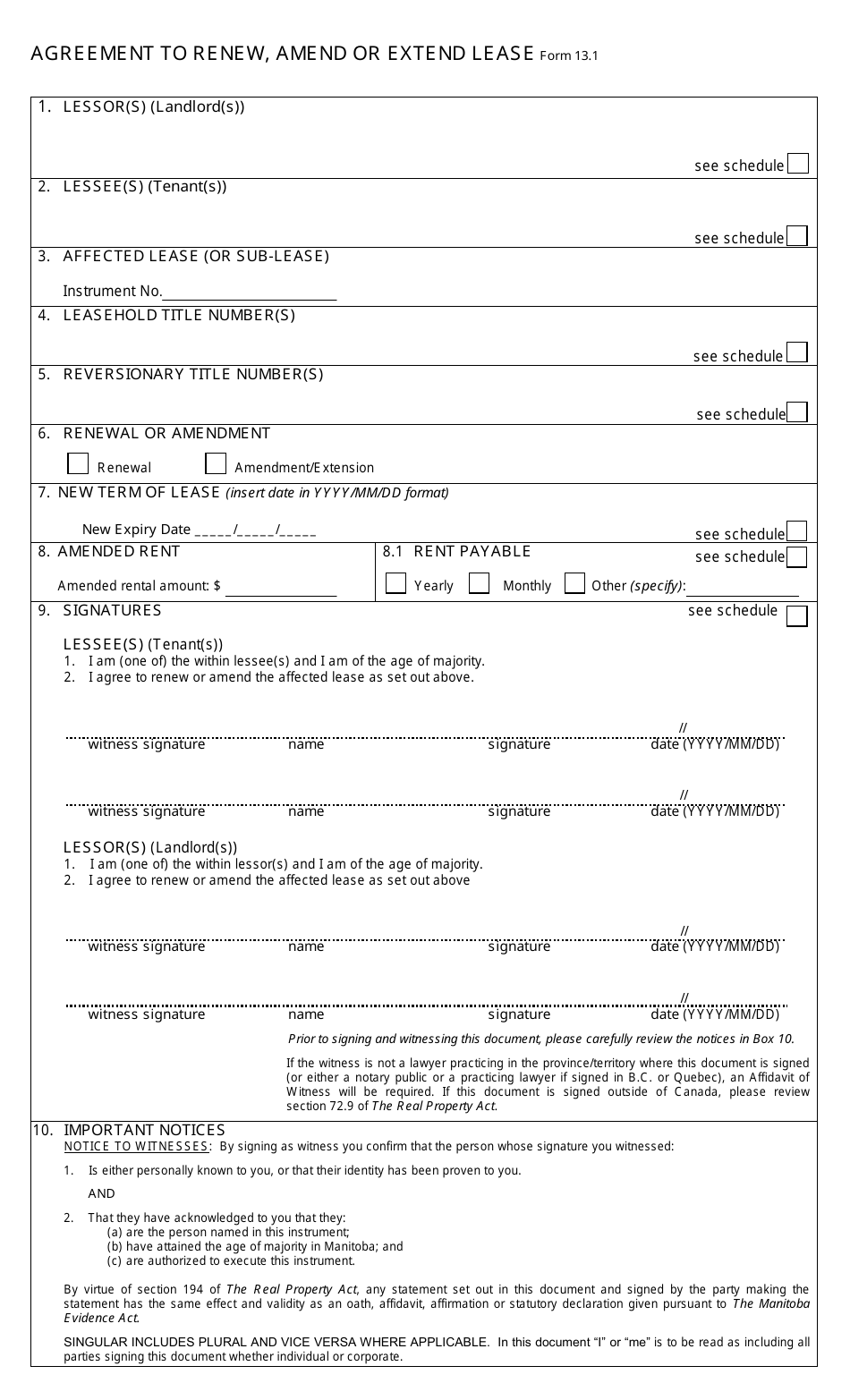 Agreement Template to Renew, Amend or Extend Lease - Manitoba, Canada, Page 1
