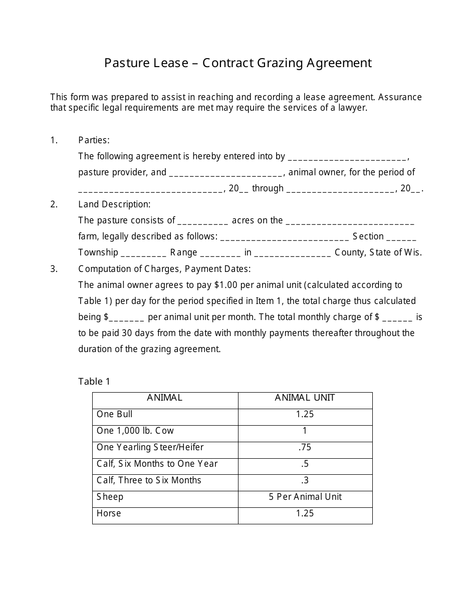 Pasture Lease - Contract Grazing Agreement Template, Page 1