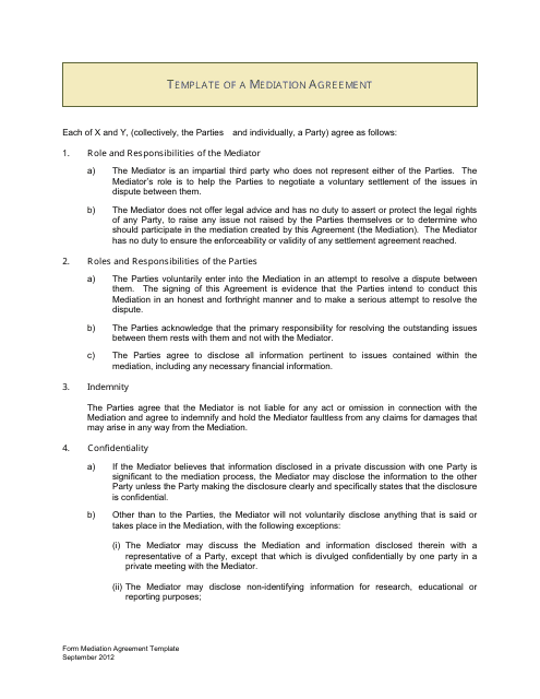 Sample &quot;Mediation Agreement Template&quot; Download Pdf