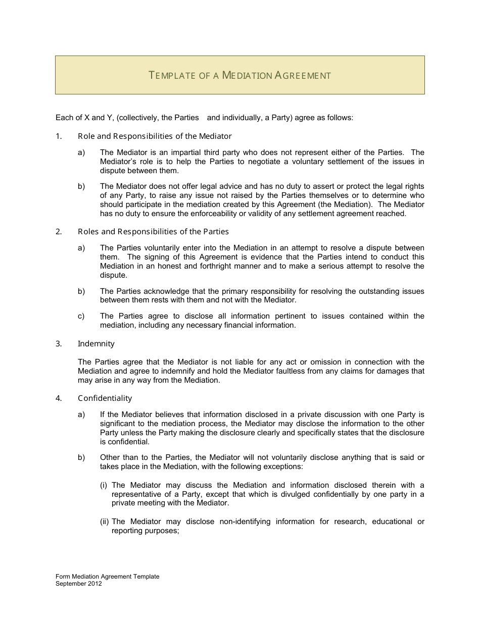 Sample Mediation Agreement Template - Five Points, Page 1