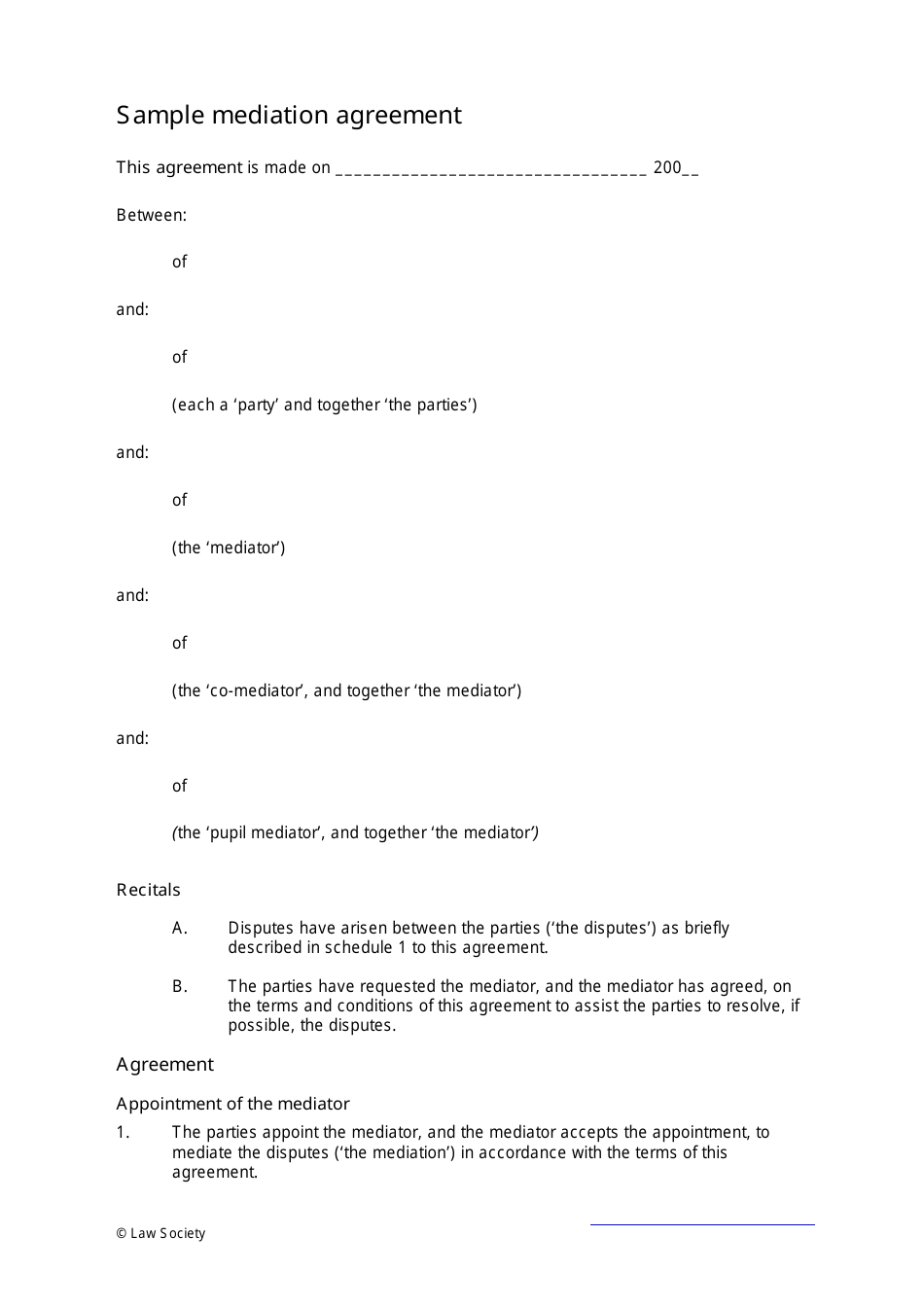 Sample Mediation Agreement Template Law Society Fill Out, Sign