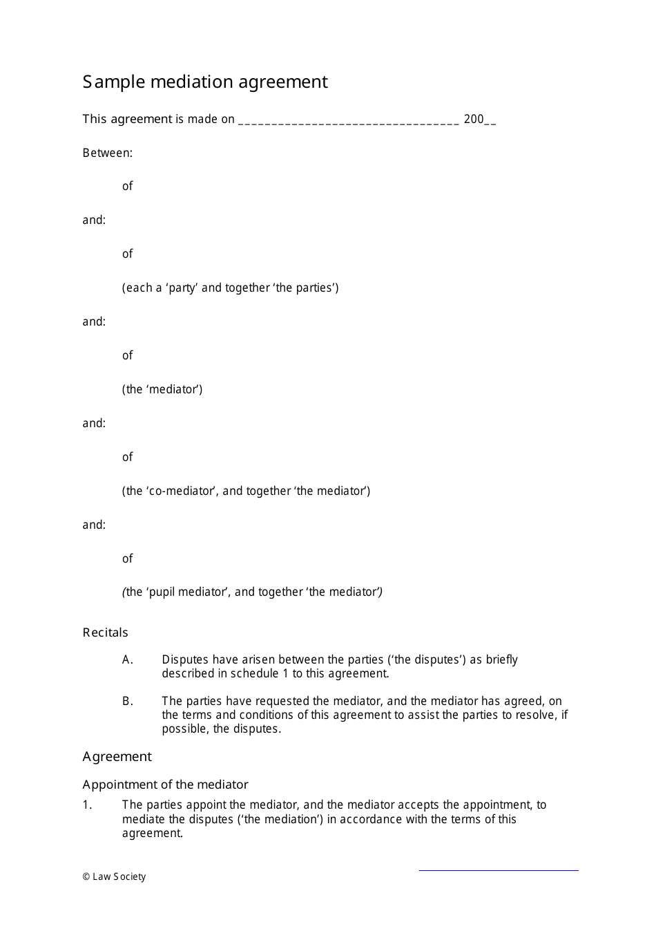 Sample Mediation Agreement Template, Page 1
