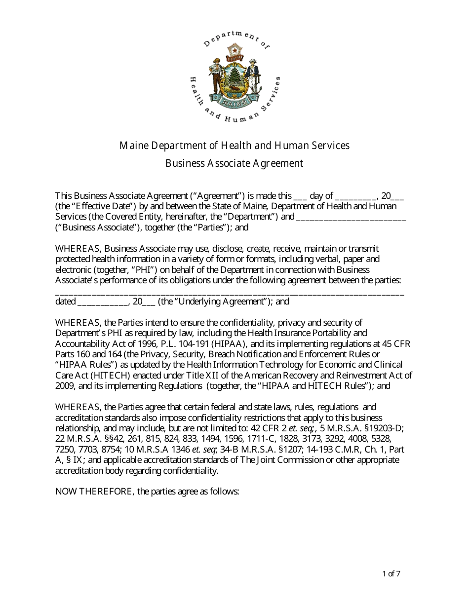 Business Associate Agreement Template - Maine, Page 1