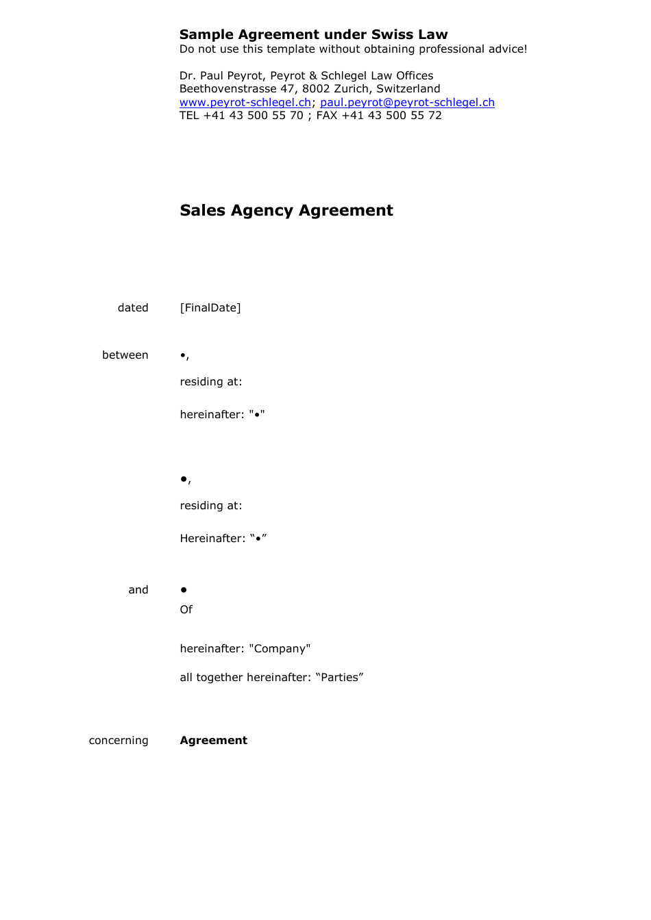 Sample Agreement Under Swiss Law - Canton of Zurich, Switzerland, Page 1