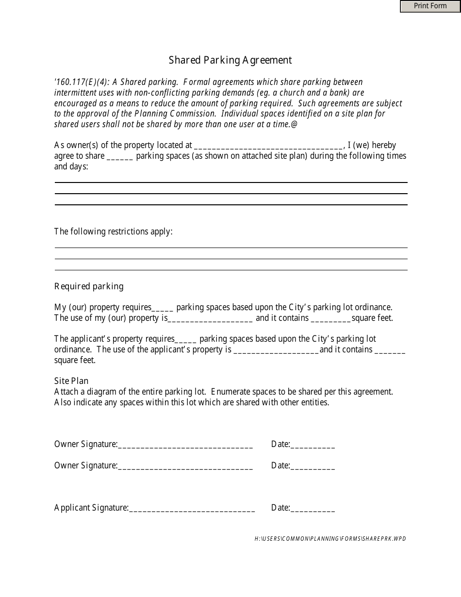 Shared Parking Agreement Template, Page 1