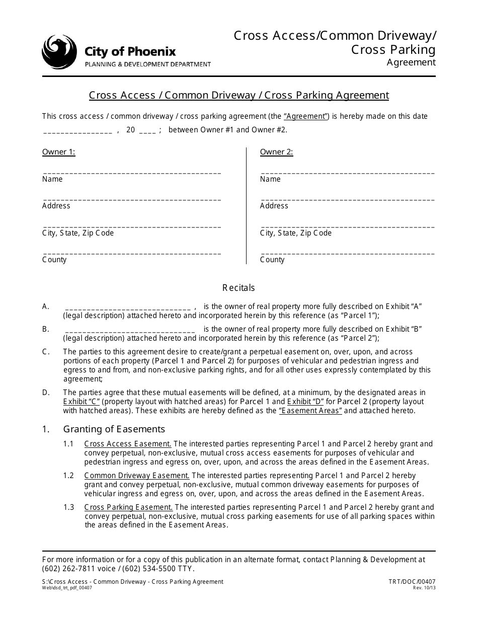 Form TRT / DOC / 00407 Cross Access / Common Driveway / Cross Parking Agreement Template - City of Phoenix, Arizona, Page 1