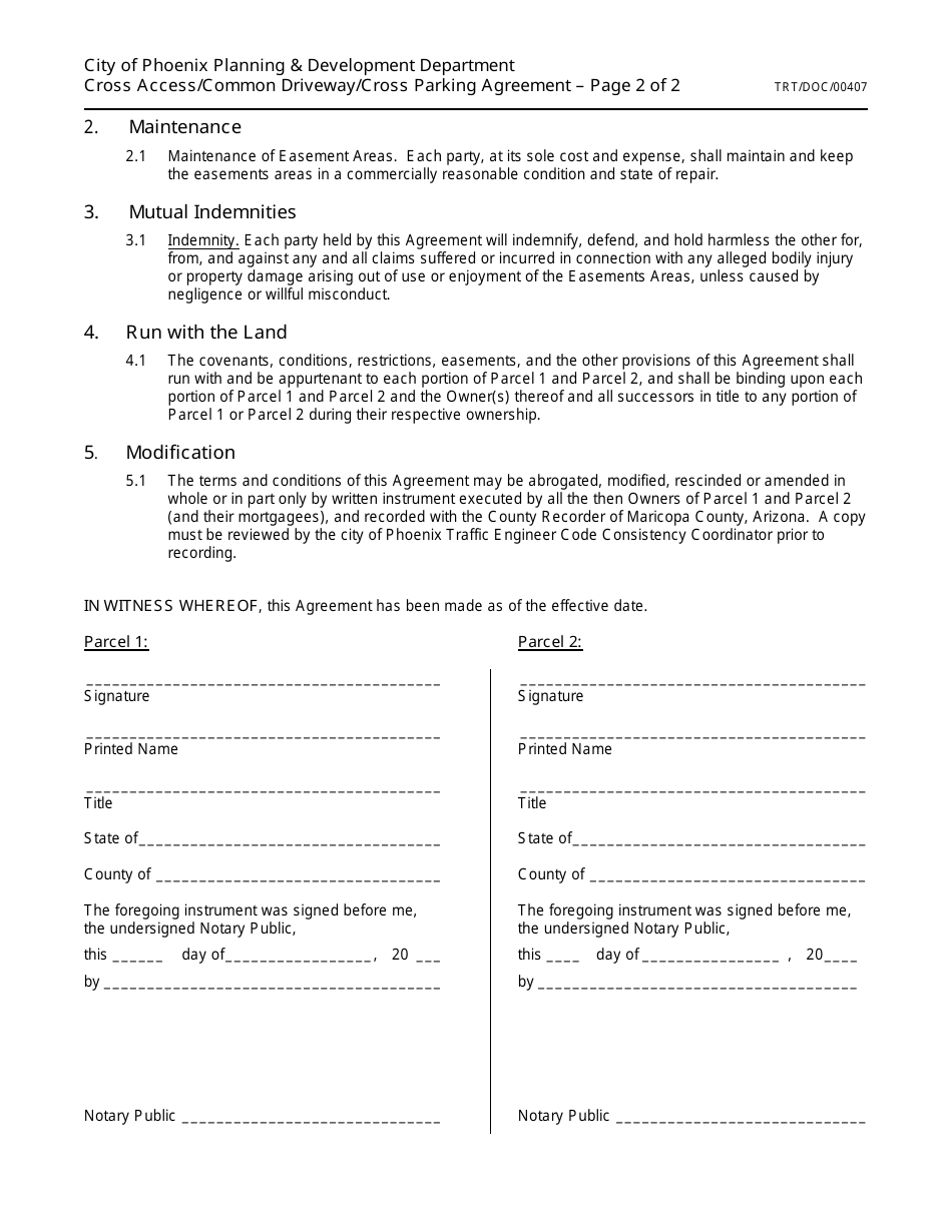 Form TRT / DOC / 00407 Cross Access / Common Driveway / Cross Parking Agreement Template - City of Phoenix, Arizona, Page 2