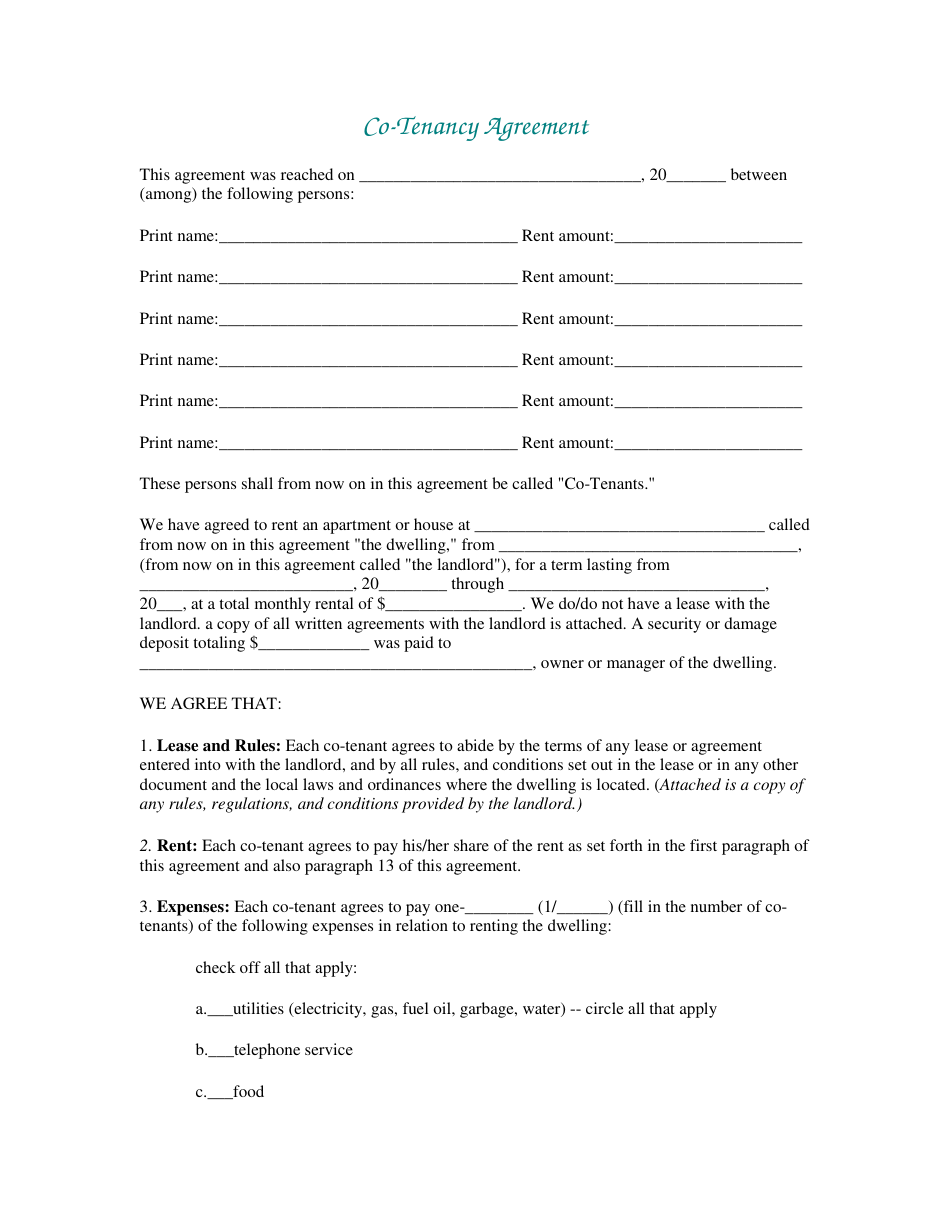 Co-tenancy Agreement Template - Green, Page 1