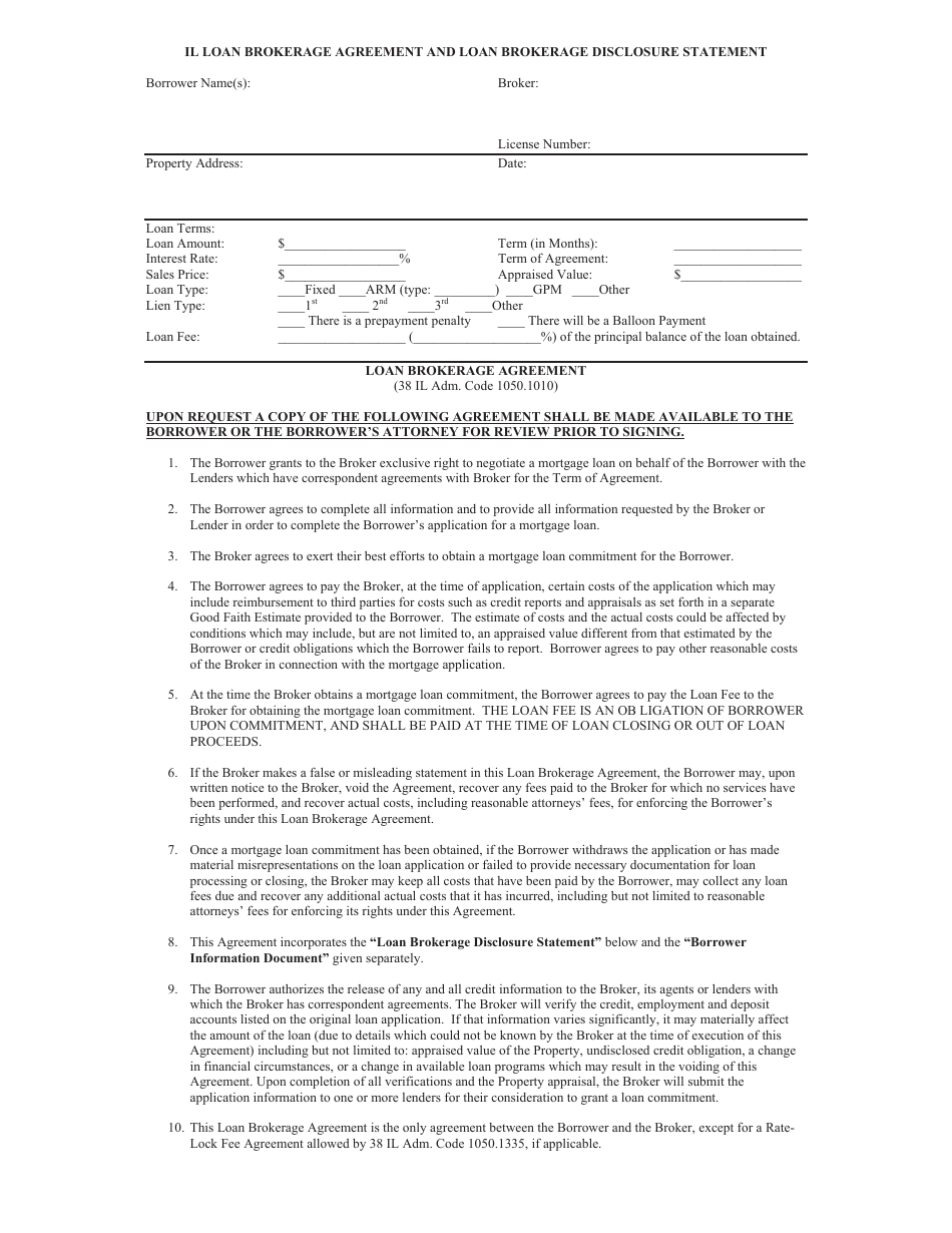 Loan Brokerage Agreement and Loan Brokerage Disclosure Statement Template - Illinois, Page 1
