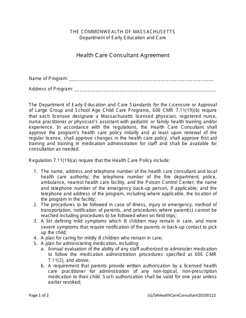 Health Care Consultant Agreement Template - Massachusetts