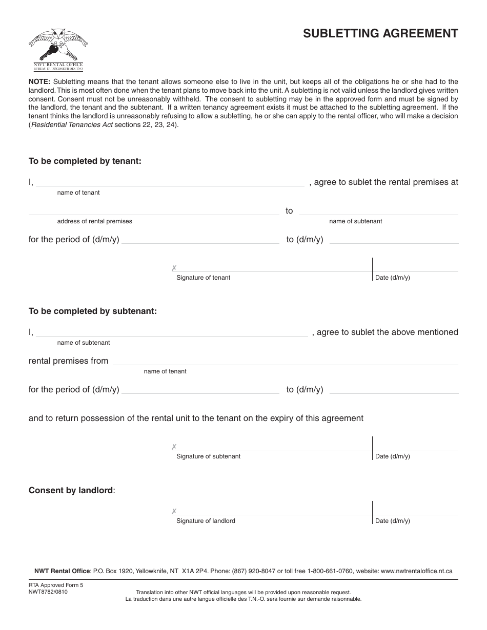 Form 5 (NWT8782) Rental Sublet Agreement - Northwest Territories, Canada, Page 1