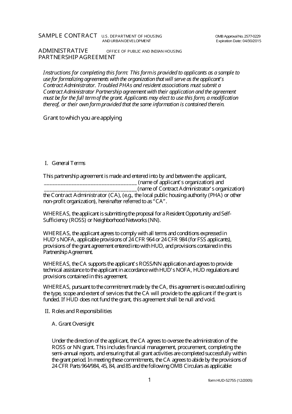 Form HUD-52755 Sample Contract - Administrative Partnership Agreement, Page 1