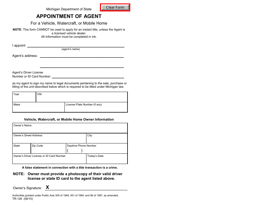 Form TR-128 Appointment of Agent for a Vehicle, Watercraft, or Mobile Home - Michigan, Page 1