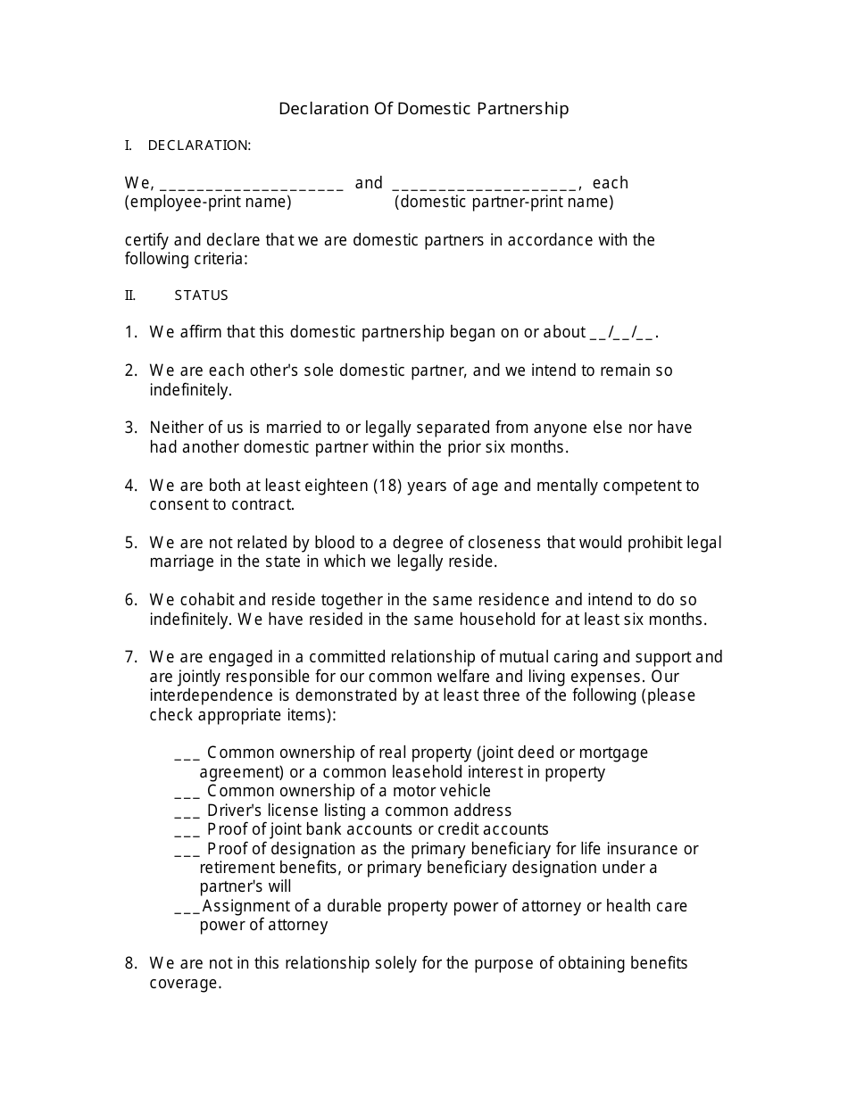 Declaration of Domestic Partnership Template, Page 1