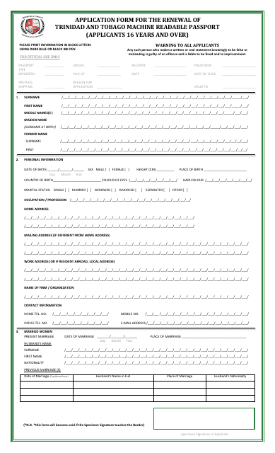 Application Form for the Renewal of Trinidad and Tobago Machine Readable Passport (Applicants 16 Years and Over) - Trinidad and Tobago Download Pdf