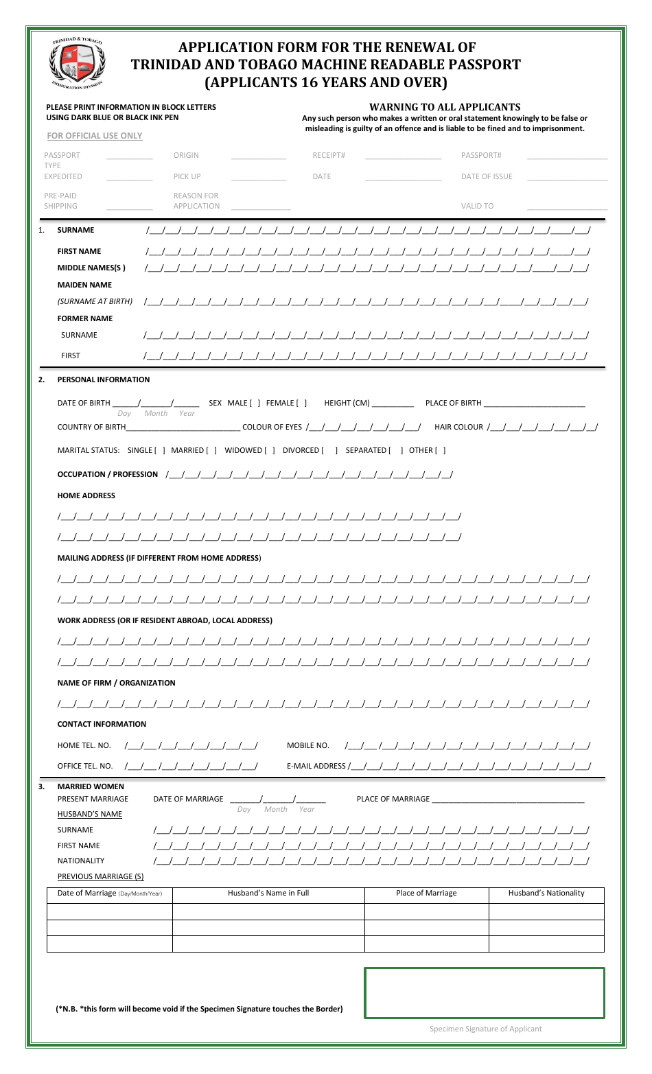Application Form for the Renewal of Trinidad and Tobago Machine Readable Passport (Applicants 16 Years and Over) - Trinidad and Tobago, Page 1