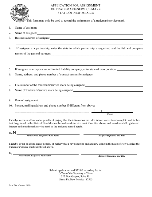 Form TK4 Application for Assignment of Trademark/Service Mark - New Mexico