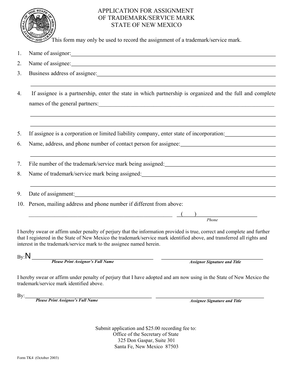 Form TK4 Application for Assignment of Trademark/Service Mark - New Mexico, Page 1