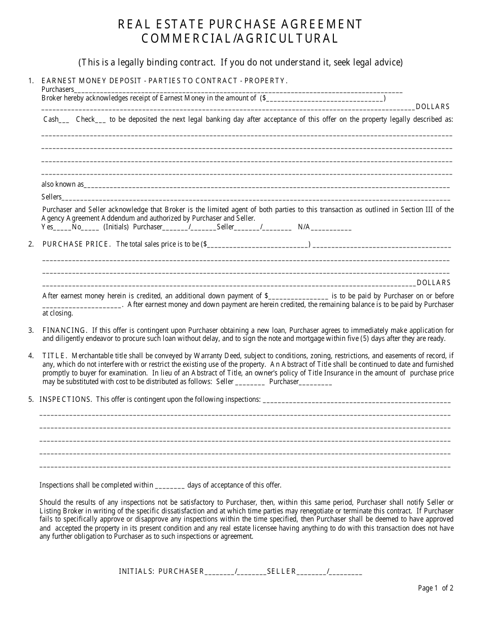Real Estate Purchase Agreement Form - Commercial/Agricultural - South Dakota, Page 1