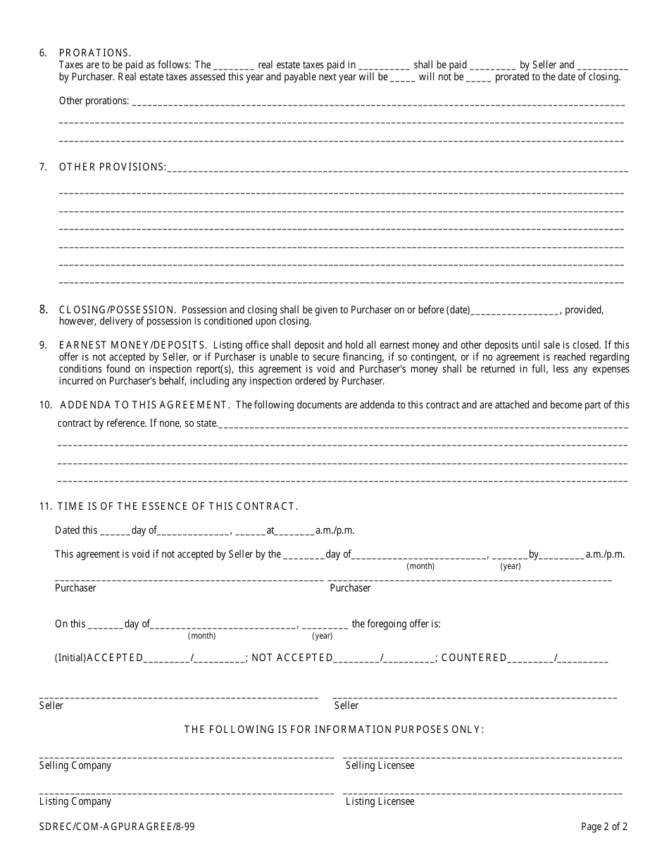 South Dakota Real Estate Purchase Agreement Form Commercial/Agricultural Fill Out, Sign