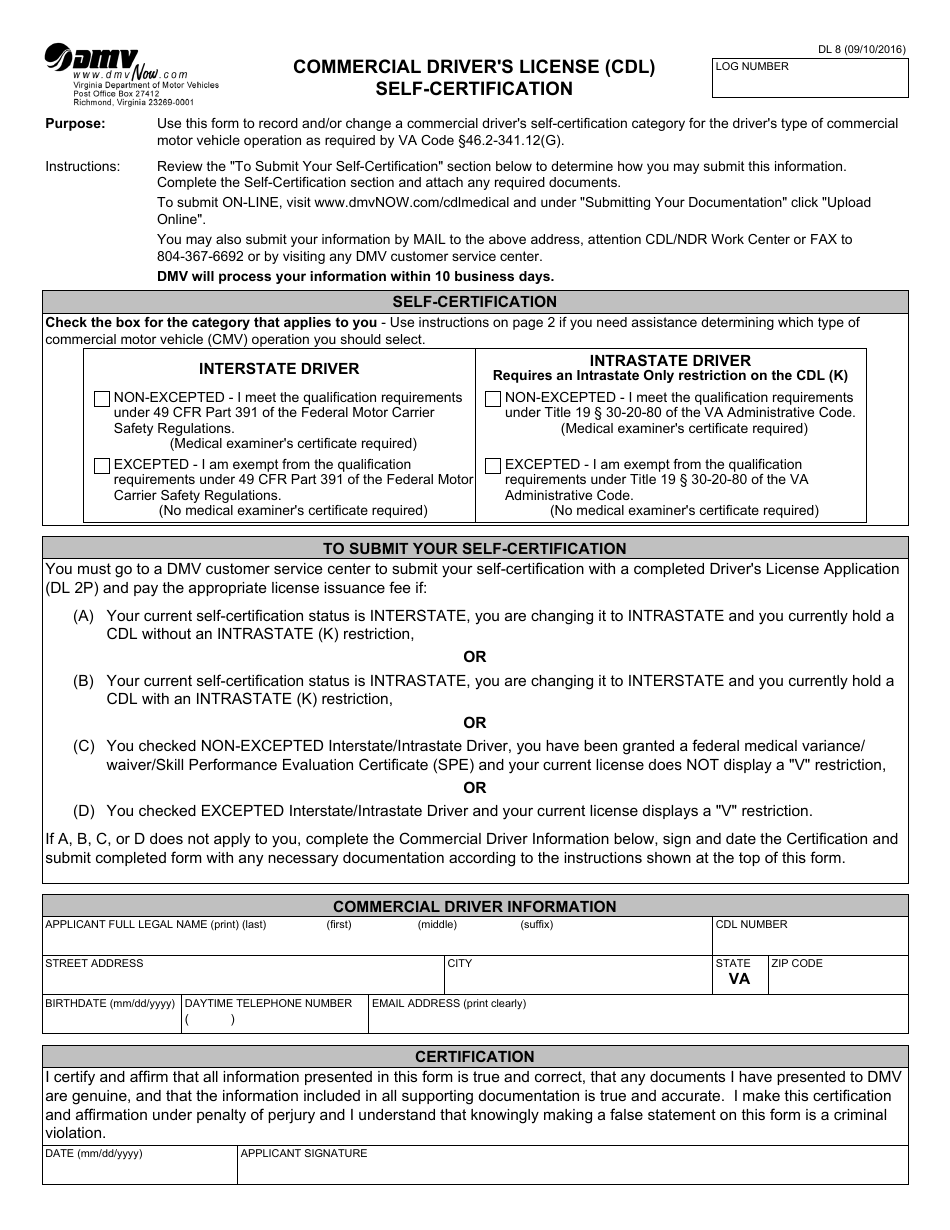 Form DL8 Commercial Drivers License (Cdl) Self-certification - Virginia, Page 1