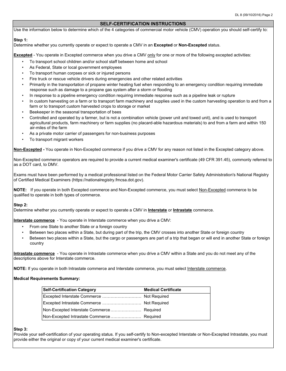 Form DL8 Commercial Drivers License (Cdl) Self-certification - Virginia, Page 2