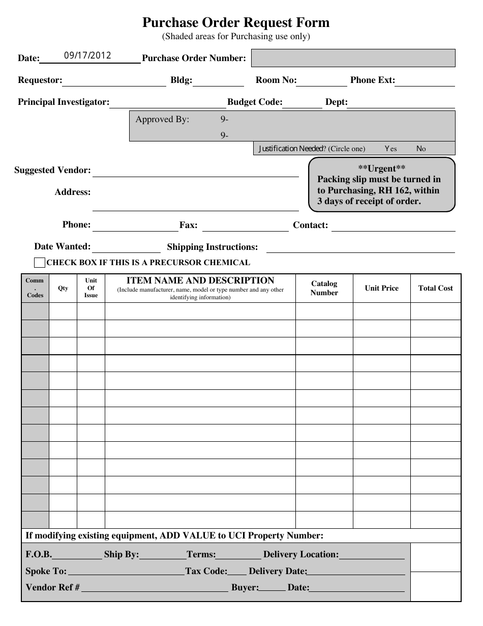 Purchase Order Request Form - Shaded Areas for Purchasing Use Only, Page 1