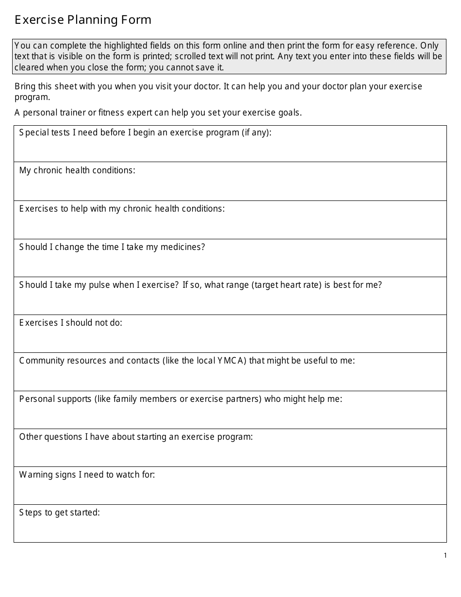 Exercise Planning Form Template - Healthwise, Page 1