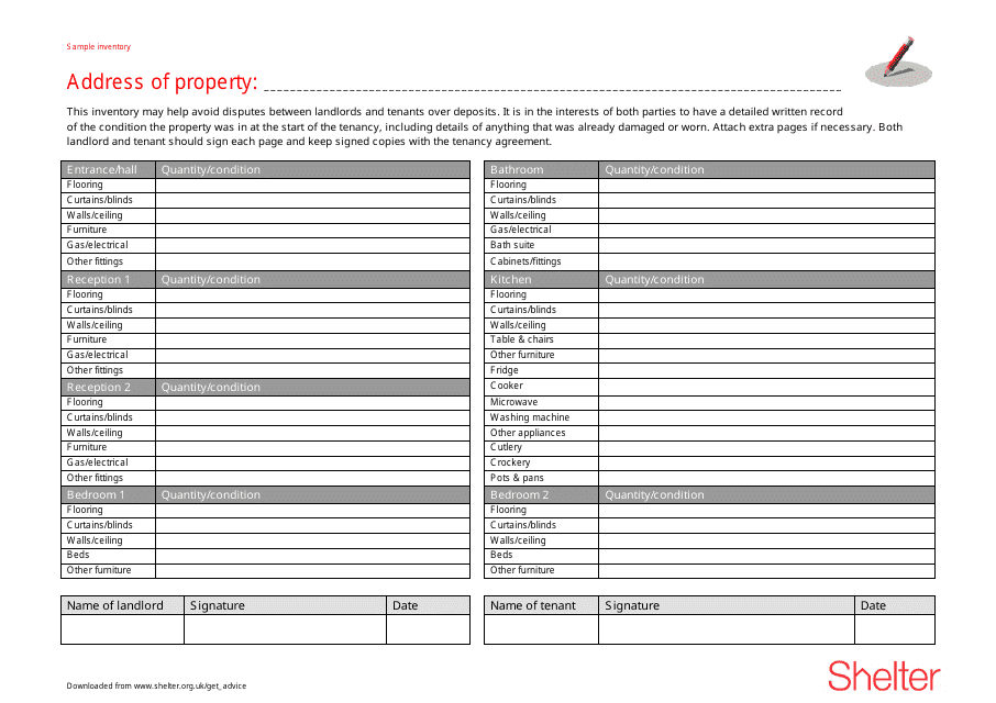 &quot;Property Inventory Form - Shelter&quot; Download Pdf