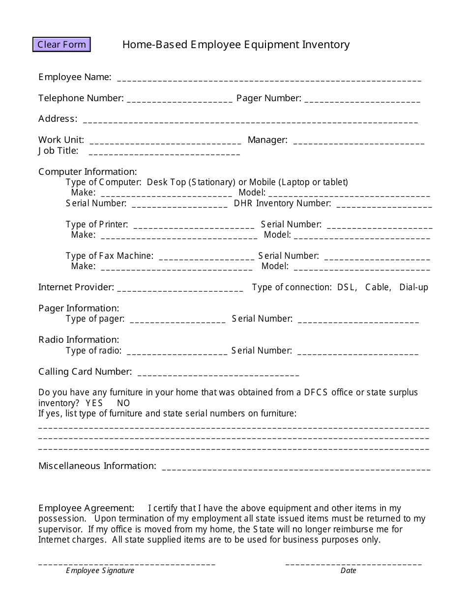 Home-Based Employee Equipment Inventory Template, Page 1