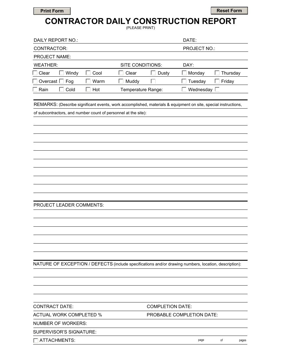 Contractor Daily Construction Report Template, Page 1