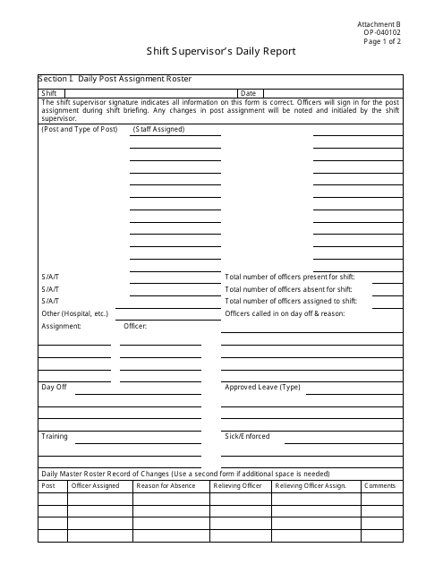DOC Form OP-040102 Shift Supervisor's Daily Report Form - Oklahoma