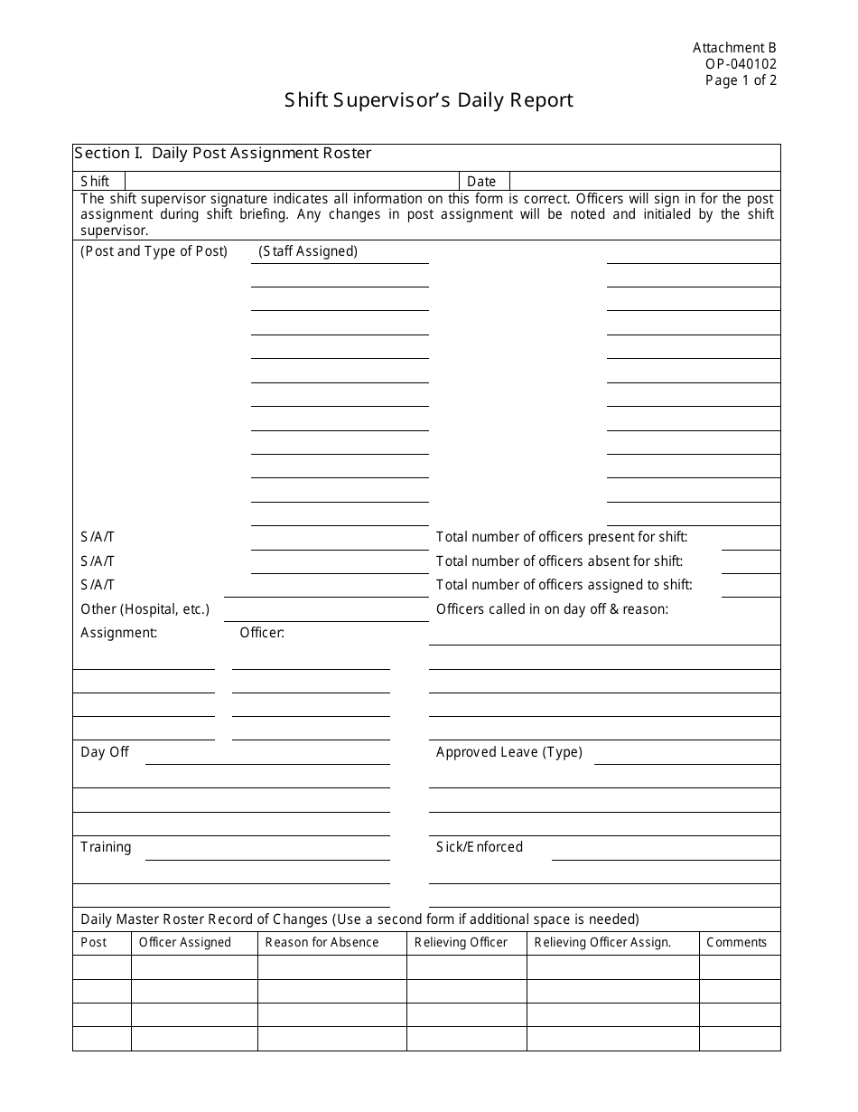 DOC Form OP-040102 Shift Supervisors Daily Report Form - Oklahoma, Page 1