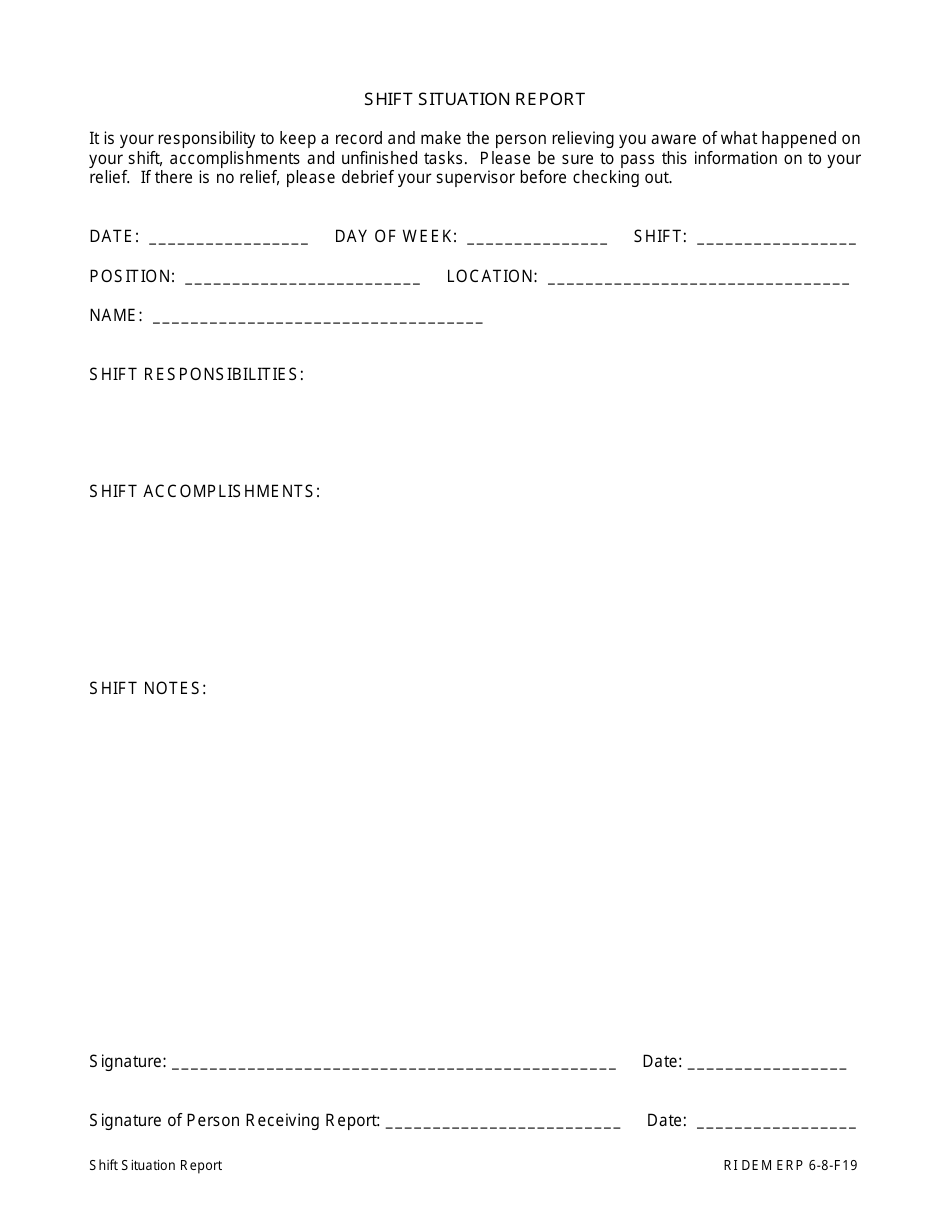 Form 6-8-F19 Shift Situation Report Form - Providence, Rhode Island, Page 1