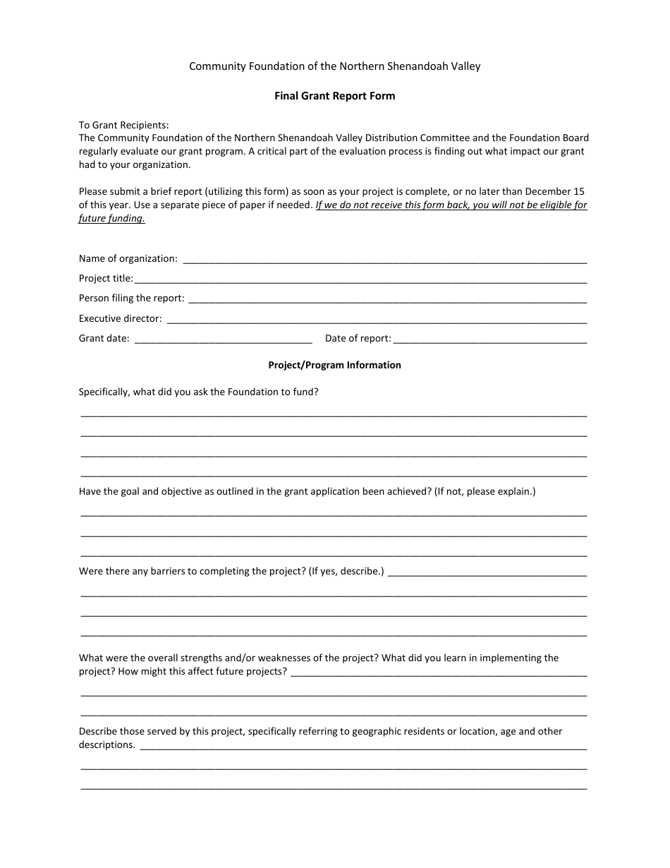 Virginia Final Grant Report Form - Community Foundation of the Northern ...